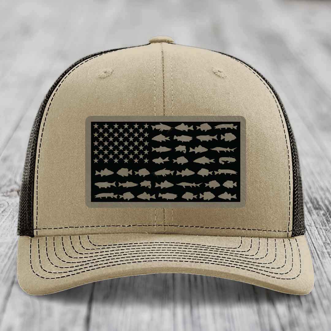 American Flag Freshwater Fish - Leather Patch Hat - Light Brown to Black Patch - Richardson 112 Snapback Trucker Hat