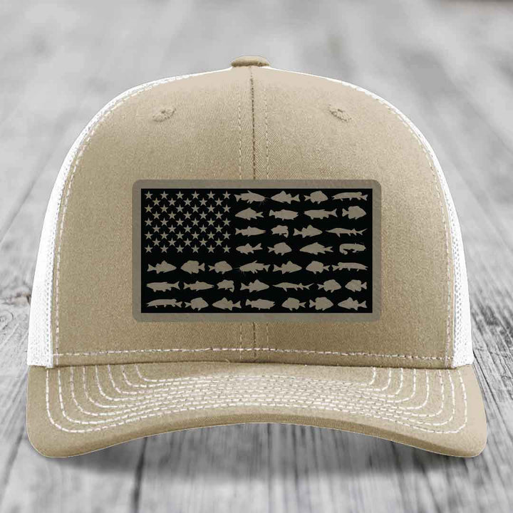 American Flag Freshwater Fish - Leather Patch Hat - Light Brown to Black Patch - Richardson 112 Snapback Trucker Hat