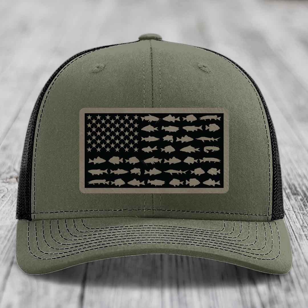 American Flag Freshwater Fish - Leather Patch Hat - Light Brown to Black Patch - Richardson 112 Snapback Trucker Hat