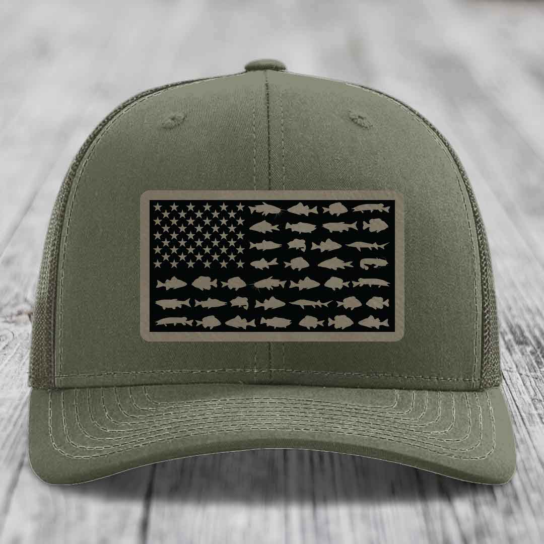 American Flag Freshwater Fish - Leather Patch Hat - Light Brown to Black Patch - Richardson 112 Snapback Trucker Hat