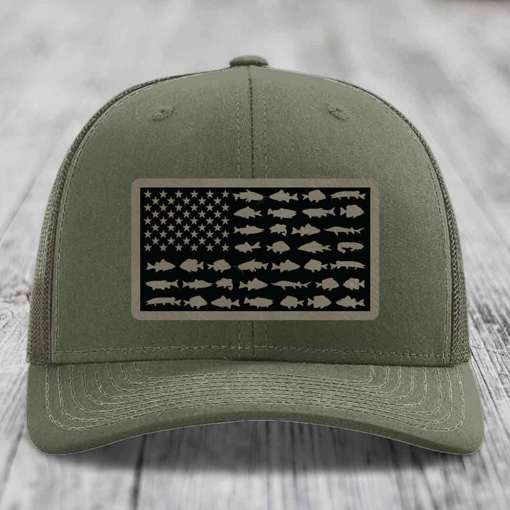 American Flag Freshwater Fish - Leather Patch Hat - Light Brown to Black Patch - Richardson 112 Snapback Trucker Hat