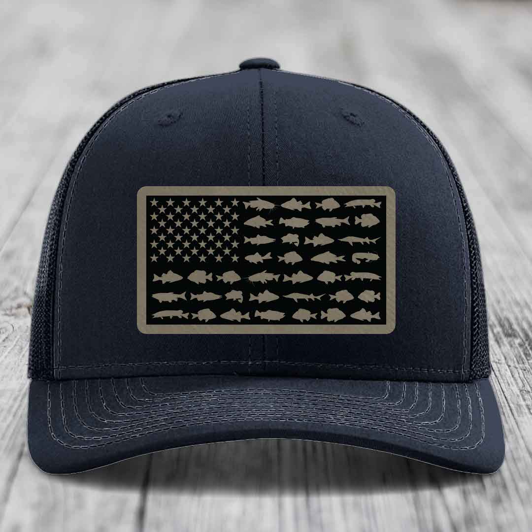 American Flag Freshwater Fish - Leather Patch Hat - Light Brown to Black Patch - Richardson 112 Snapback Trucker Hat