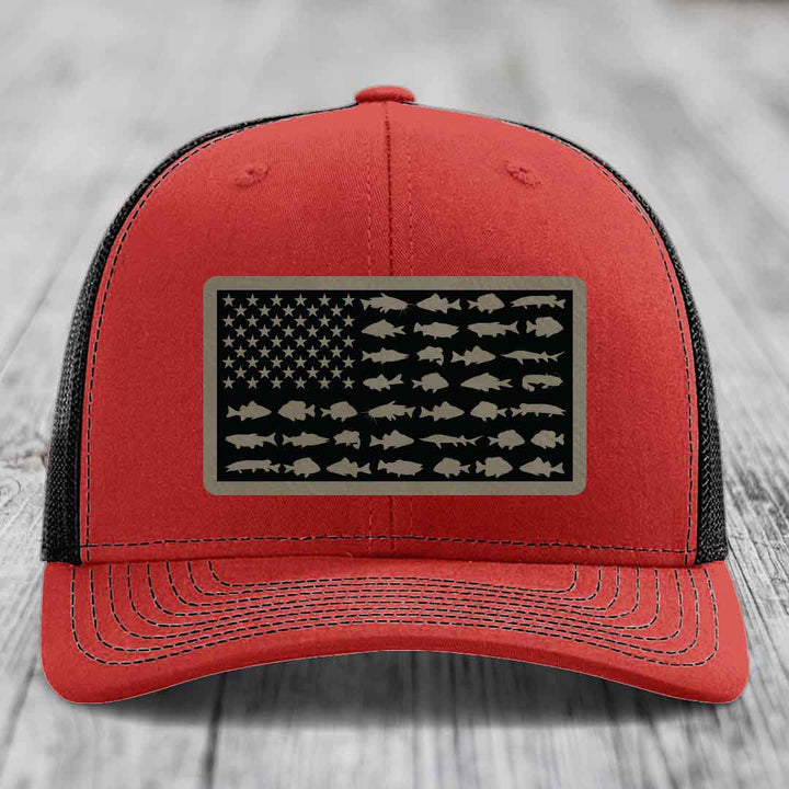 American Flag Freshwater Fish - Leather Patch Hat - Light Brown to Black Patch - Richardson 112 Snapback Trucker Hat