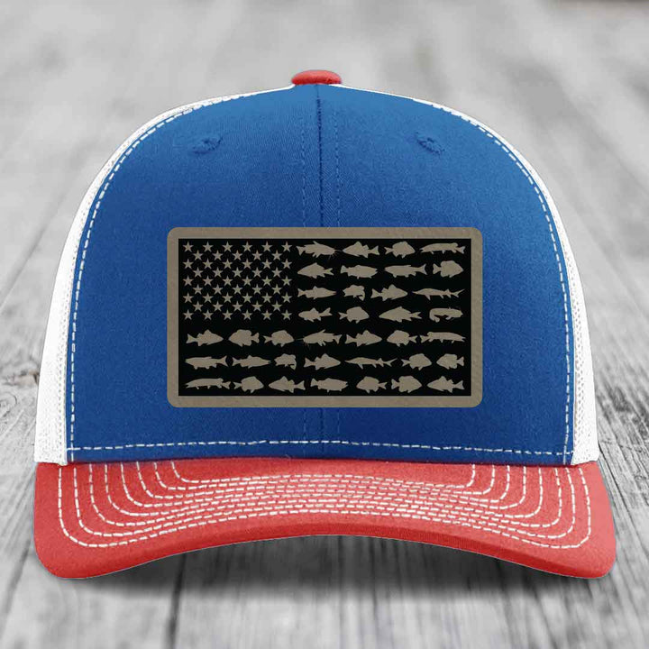 American Flag Freshwater Fish - Leather Patch Hat - Light Brown to Black Patch - Richardson 112 Snapback Trucker Hat