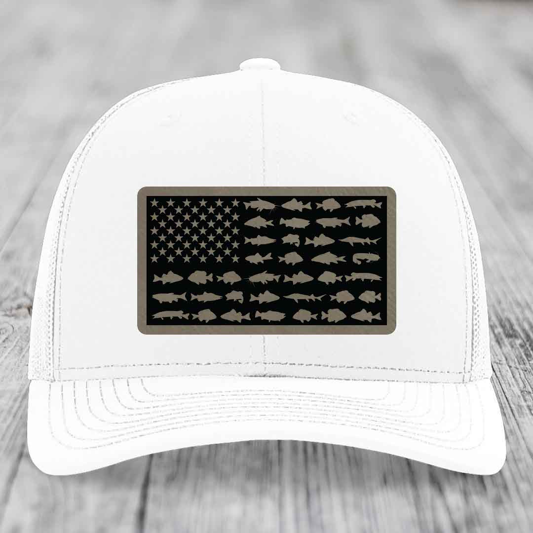 American Flag Freshwater Fish - Leather Patch Hat - Light Brown to Black Patch - Richardson 112 Snapback Trucker Hat