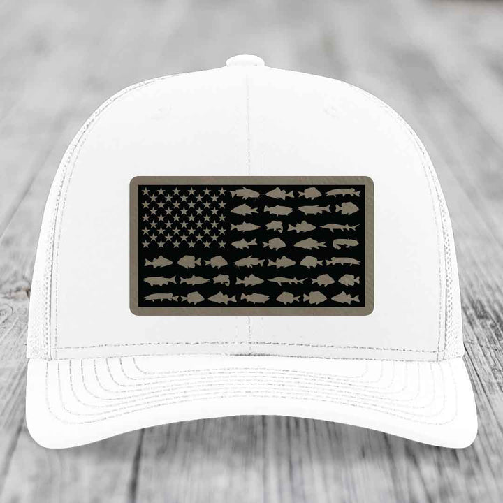American Flag Freshwater Fish - Leather Patch Hat - Light Brown to Black Patch - Richardson 112 Snapback Trucker Hat