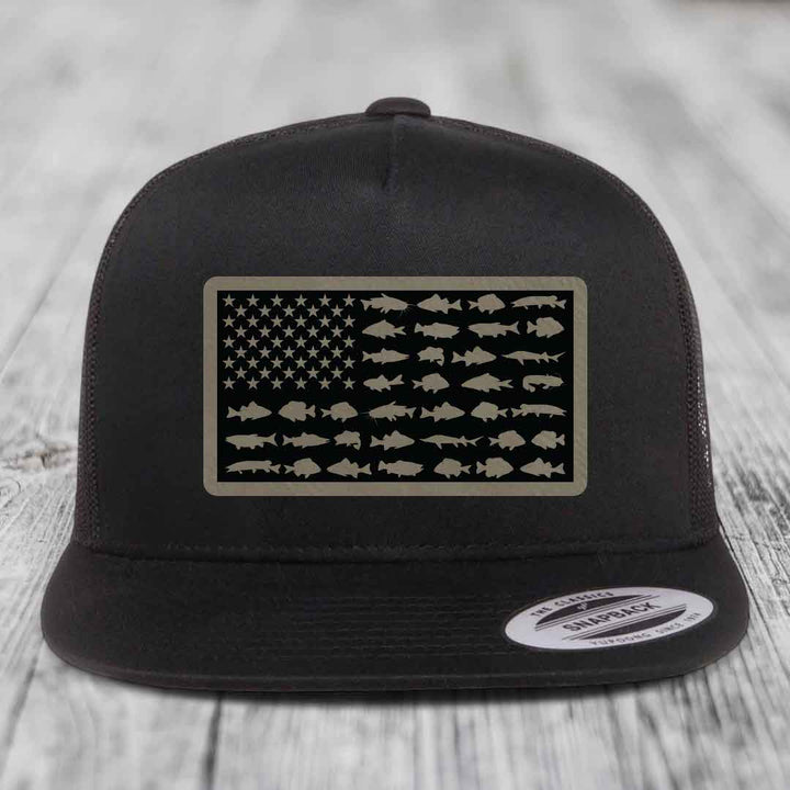American Flag Freshwater Fish - Leather Patch Hat - Light Brown to Black Patch - Yupoong 6006 Snapback Flatbill Hat
