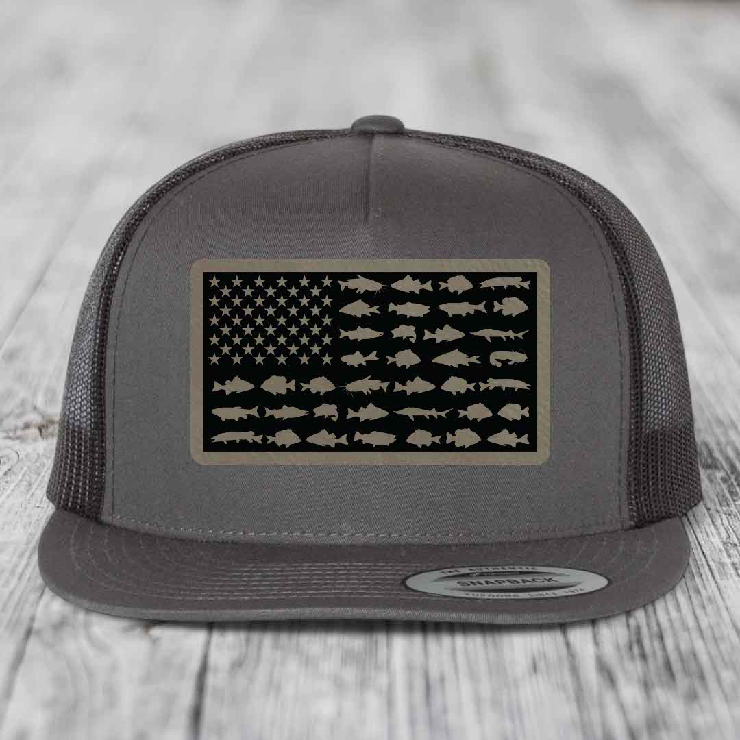 American Flag Freshwater Fish - Leather Patch Hat - Light Brown to Black Patch - Yupoong 6006 Snapback Flatbill Hat