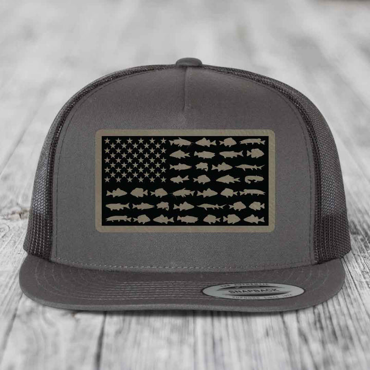American Flag Freshwater Fish - Leather Patch Hat - Light Brown to Black Patch - Yupoong 6006 Snapback Flatbill Hat