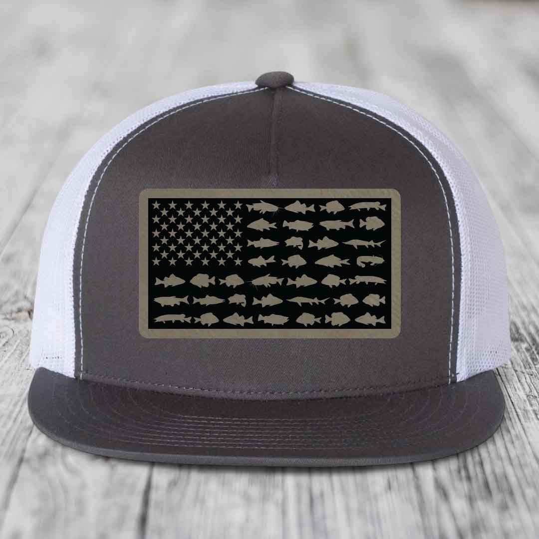 American Flag Freshwater Fish - Leather Patch Hat - Light Brown to Black Patch - Yupoong 6006 Snapback Flatbill Hat