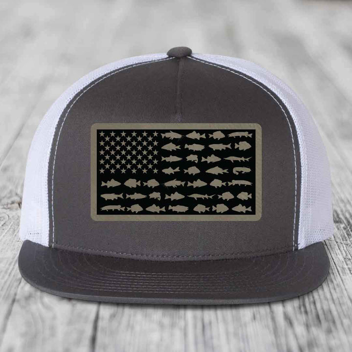 American Flag Freshwater Fish - Leather Patch Hat - Light Brown to Black Patch - Yupoong 6006 Snapback Flatbill Hat