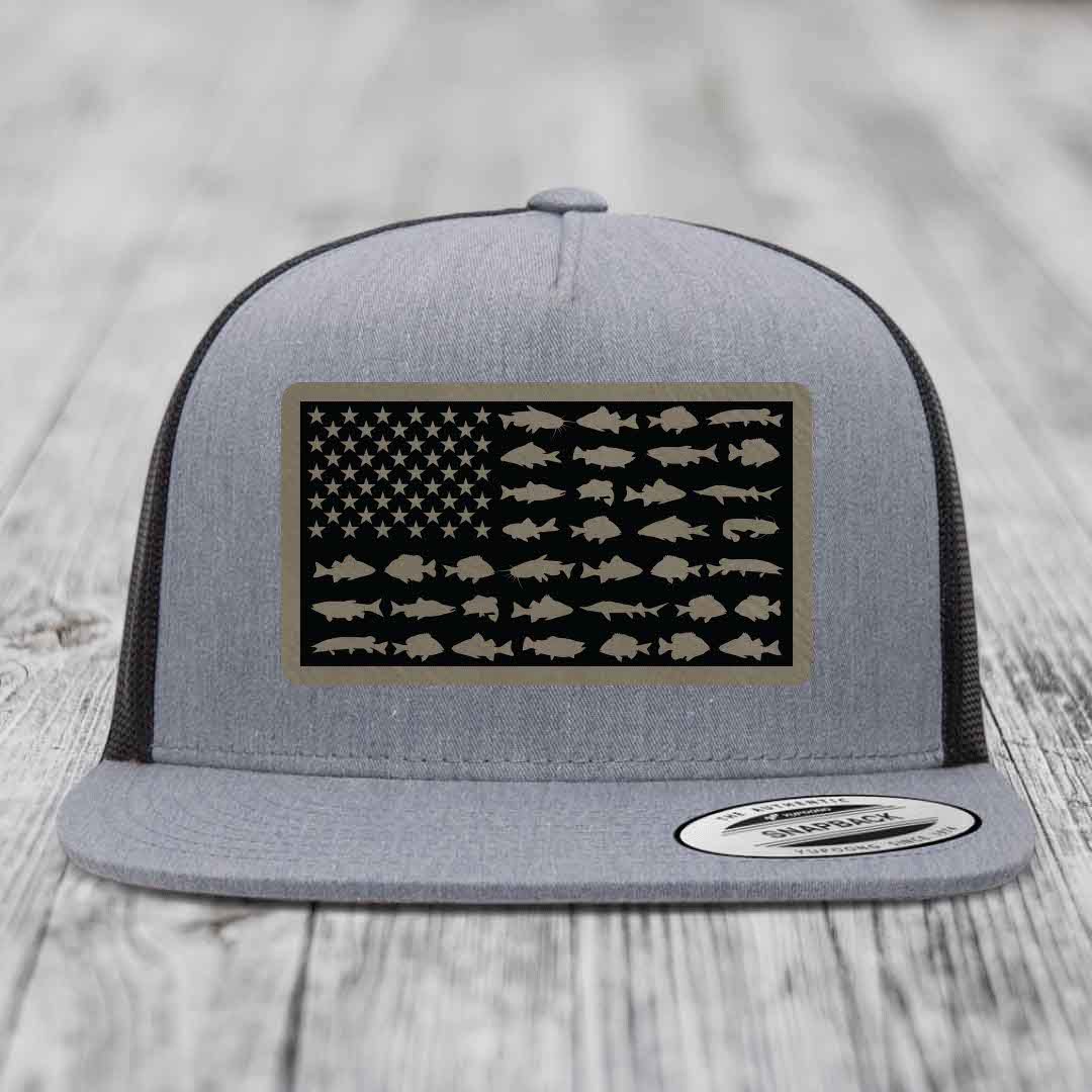 American Flag Freshwater Fish - Leather Patch Hat - Light Brown to Black Patch - Yupoong 6006 Snapback Flatbill Hat