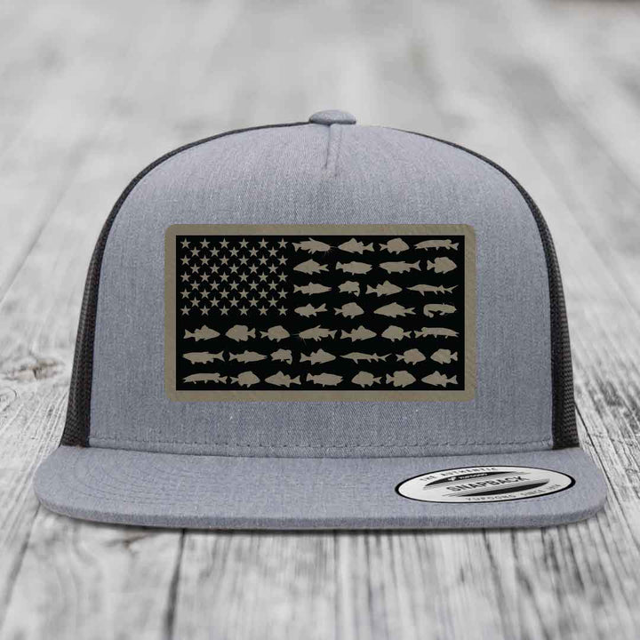 American Flag Freshwater Fish - Leather Patch Hat - Light Brown to Black Patch - Yupoong 6006 Snapback Flatbill Hat