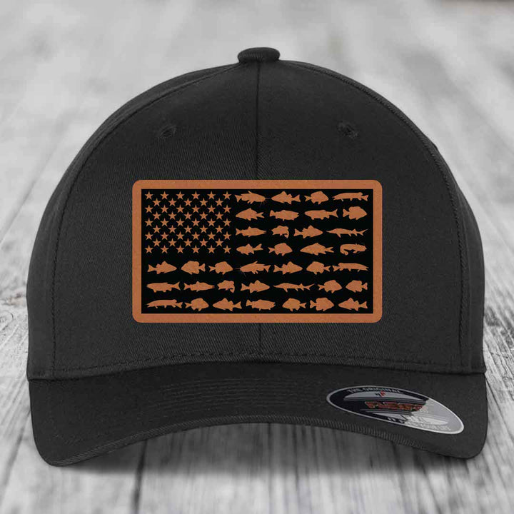 American Flag Freshwater Fish - Leather Patch Hat - Rawhide to Black Patch - Flexfit 6277 Fitted Hat