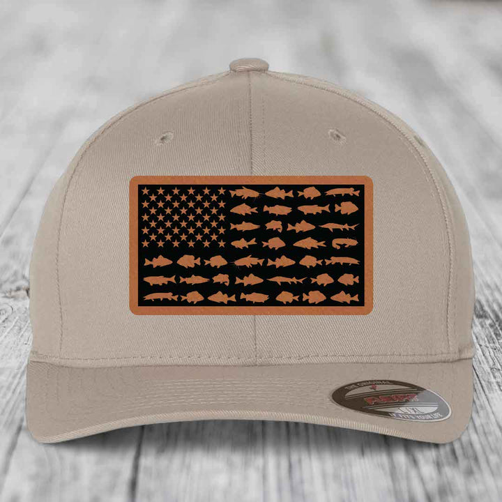 American Flag Freshwater Fish - Leather Patch Hat - Rawhide to Black Patch - Flexfit 6277 Fitted Hat