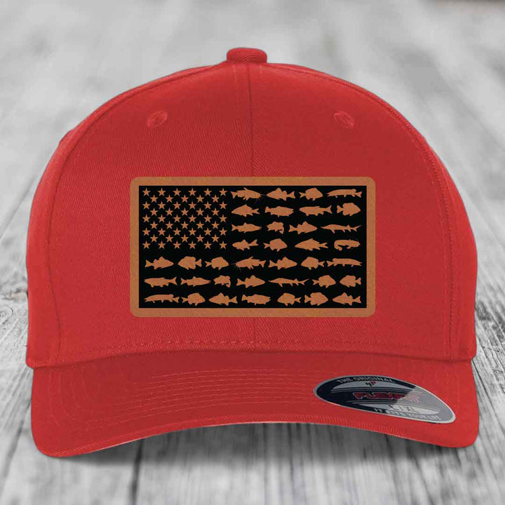 American Flag Freshwater Fish - Leather Patch Hat - Rawhide to Black Patch - Flexfit 6277 Fitted Hat