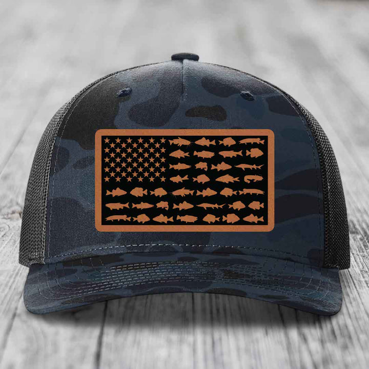 American Flag Freshwater Fish - Leather Patch Hat - Rawhide to Black Patch - Richardson 112PFP Snapback Trucker Hat