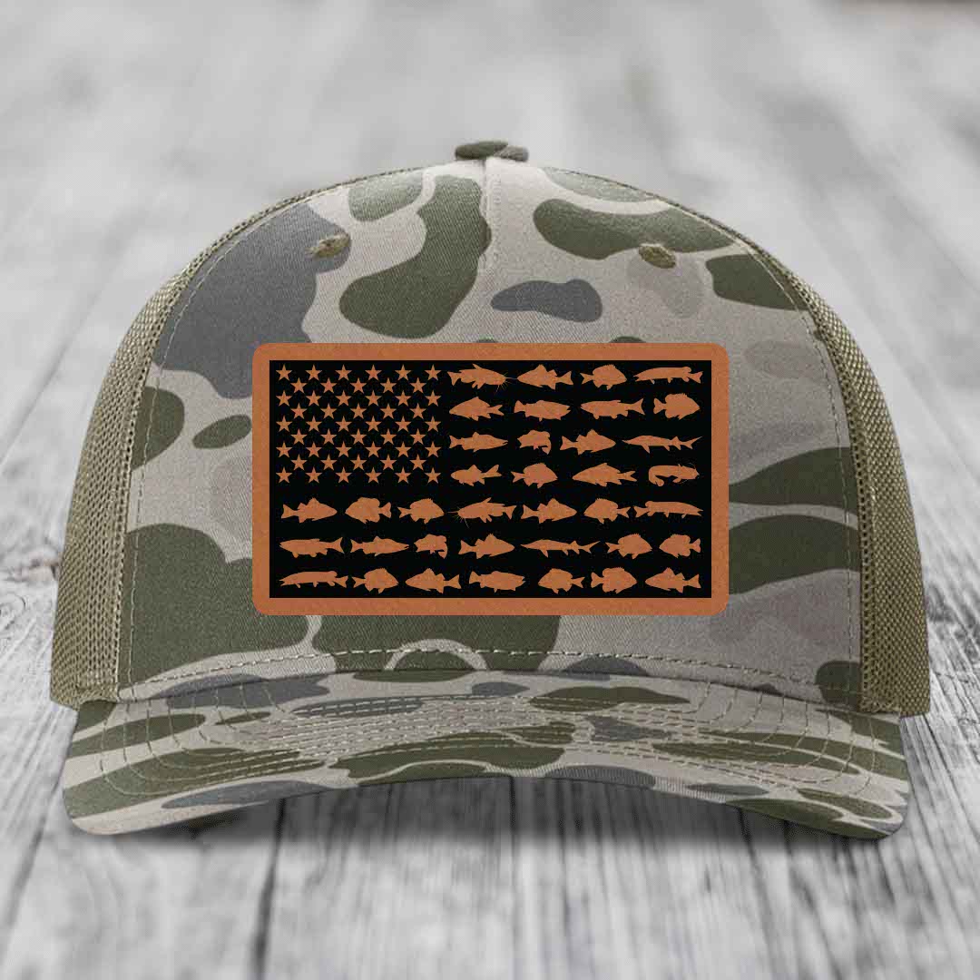 American Flag Freshwater Fish - Leather Patch Hat - Rawhide to Black Patch - Richardson 112PFP Snapback Trucker Hat