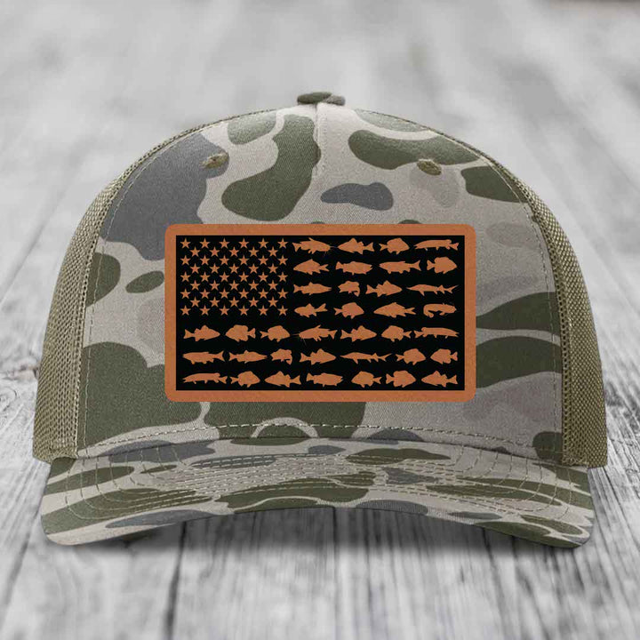 American Flag Freshwater Fish - Leather Patch Hat - Rawhide to Black Patch - Richardson 112PFP Snapback Trucker Hat
