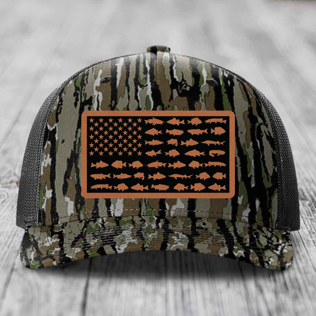 American Flag Freshwater Fish - Leather Patch Hat - Rawhide to Black Patch - Richardson 112PFP Snapback Trucker Hat