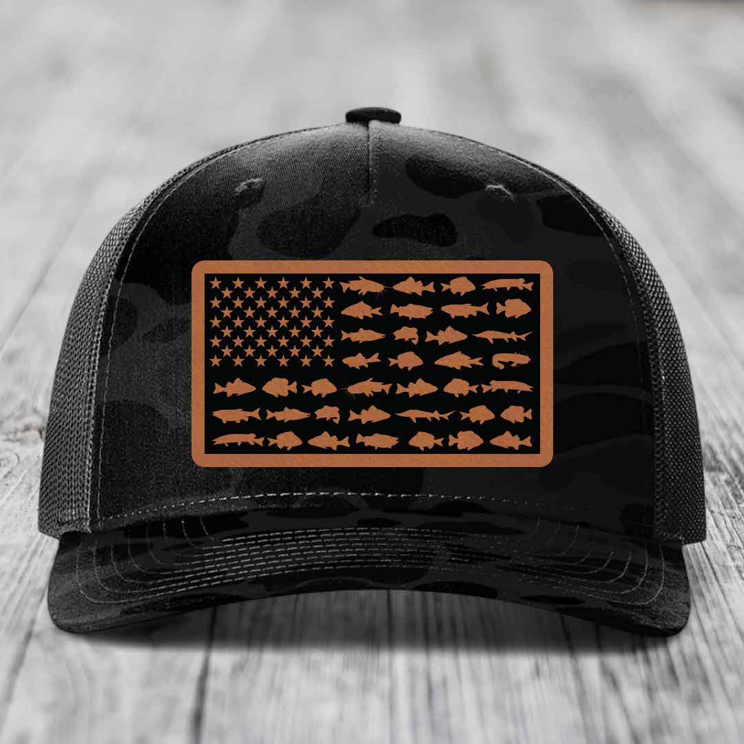 American Flag Freshwater Fish - Leather Patch Hat - Rawhide to Black Patch - Richardson 112PFP Snapback Trucker Hat
