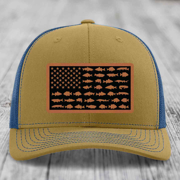 American Flag Freshwater Fish - Leather Patch Hat - Rawhide to Black Patch - Richardson 112 Snapback Trucker Hat