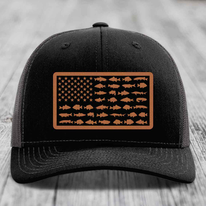American Flag Freshwater Fish - Leather Patch Hat - Rawhide to Black Patch - Richardson 112 Snapback Trucker Hat