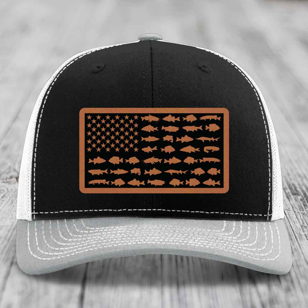 American Flag Freshwater Fish - Leather Patch Hat - Rawhide to Black Patch - Richardson 112 Snapback Trucker Hat