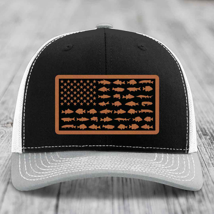 American Flag Freshwater Fish - Leather Patch Hat - Rawhide to Black Patch - Richardson 112 Snapback Trucker Hat