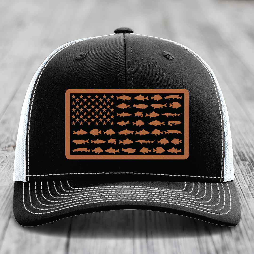 American Flag Freshwater Fish - Leather Patch Hat - Rawhide to Black Patch - Richardson 112 Snapback Trucker Hat