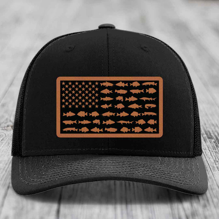 American Flag Freshwater Fish - Leather Patch Hat - Rawhide to Black Patch - Richardson 112 Snapback Trucker Hat