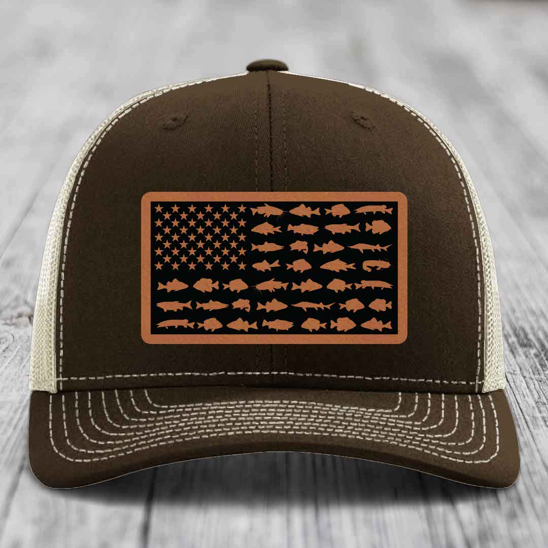 American Flag Freshwater Fish - Leather Patch Hat - Rawhide to Black Patch - Richardson 112 Snapback Trucker Hat