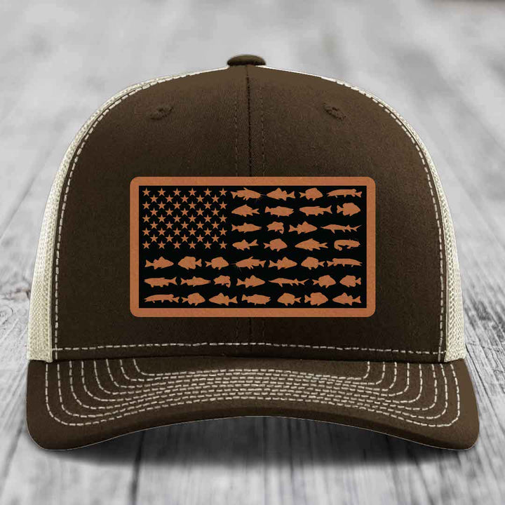 American Flag Freshwater Fish - Leather Patch Hat - Rawhide to Black Patch - Richardson 112 Snapback Trucker Hat