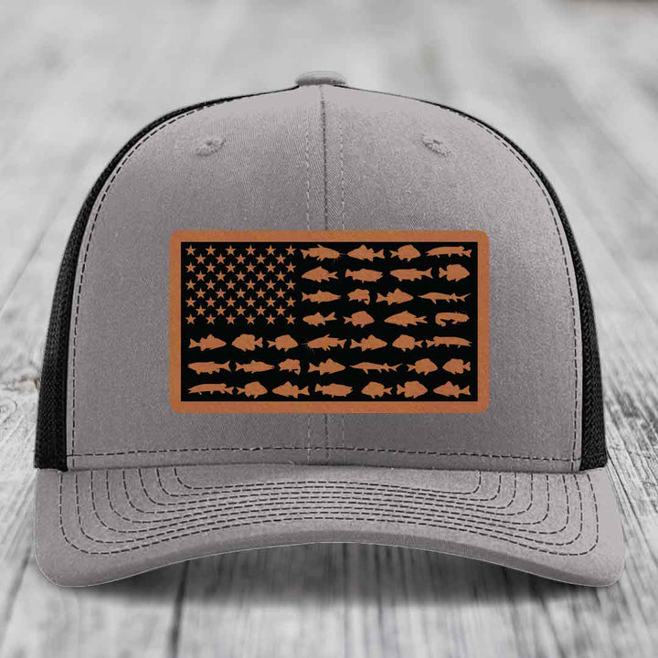 American Flag Freshwater Fish - Leather Patch Hat - Rawhide to Black Patch - Richardson 112 Snapback Trucker Hat