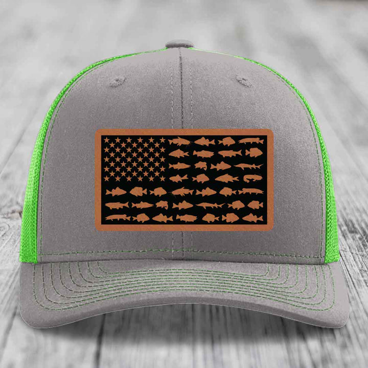 American Flag Freshwater Fish - Leather Patch Hat - Rawhide to Black Patch - Richardson 112 Snapback Trucker Hat