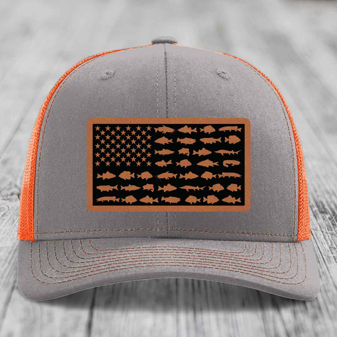 American Flag Freshwater Fish - Leather Patch Hat - Rawhide to Black Patch - Richardson 112 Snapback Trucker Hat