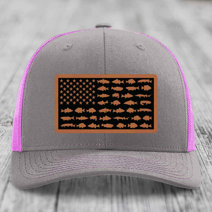 American Flag Freshwater Fish - Leather Patch Hat - Rawhide to Black Patch - Richardson 112 Snapback Trucker Hat