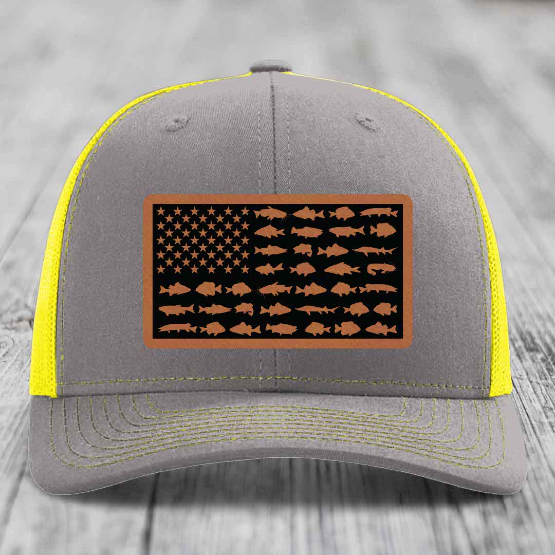 American Flag Freshwater Fish - Leather Patch Hat - Rawhide to Black Patch - Richardson 112 Snapback Trucker Hat
