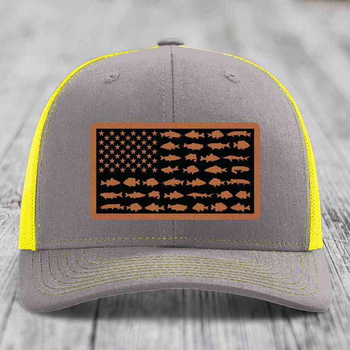 American Flag Freshwater Fish - Leather Patch Hat - Rawhide to Black Patch - Richardson 112 Snapback Trucker Hat