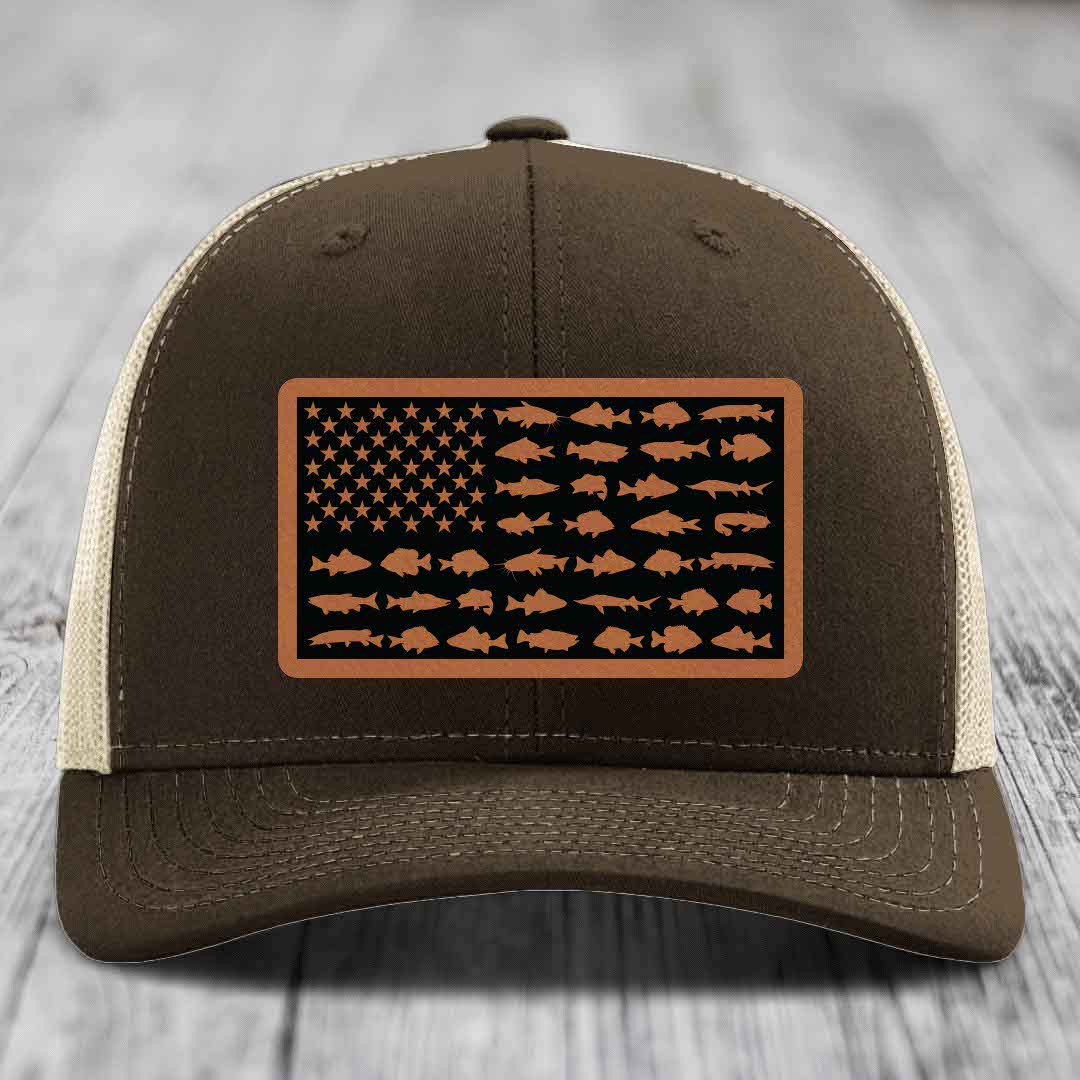 American Flag Freshwater Fish - Leather Patch Hat - Rawhide to Black Patch - Richardson 112 Snapback Trucker Hat