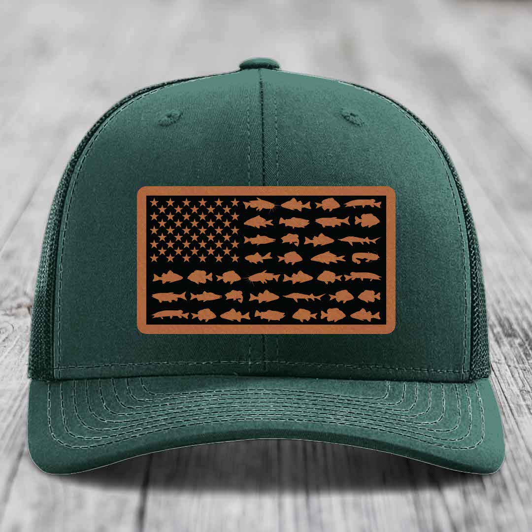 American Flag Freshwater Fish - Leather Patch Hat - Rawhide to Black Patch - Richardson 112 Snapback Trucker Hat