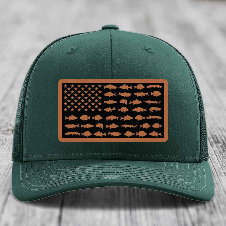 American Flag Freshwater Fish - Leather Patch Hat - Rawhide to Black Patch - Richardson 112 Snapback Trucker Hat
