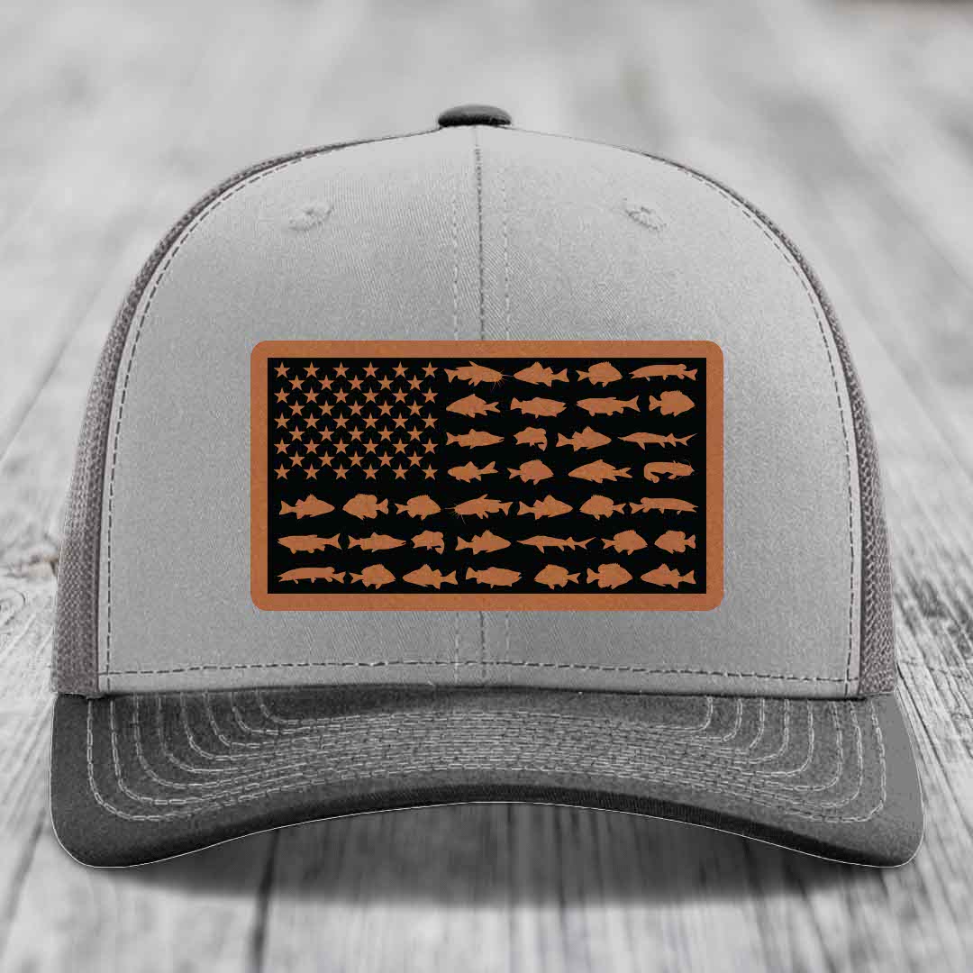 American Flag Freshwater Fish - Leather Patch Hat - Rawhide to Black Patch - Richardson 112 Snapback Trucker Hat