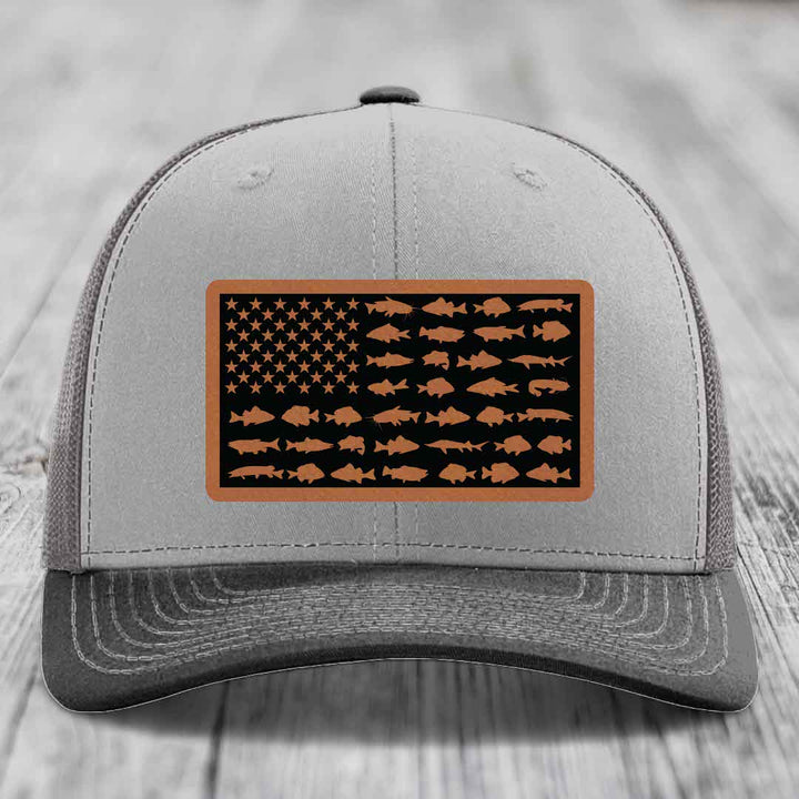 American Flag Freshwater Fish - Leather Patch Hat - Rawhide to Black Patch - Richardson 112 Snapback Trucker Hat