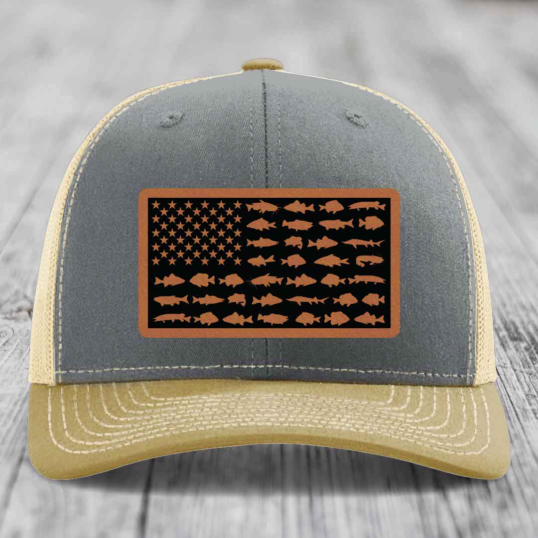 American Flag Freshwater Fish - Leather Patch Hat - Rawhide to Black Patch - Richardson 112 Snapback Trucker Hat
