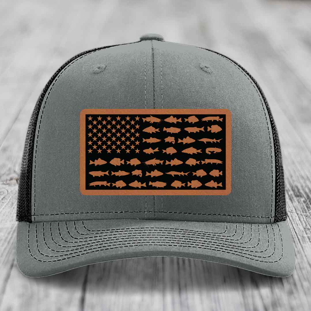 American Flag Freshwater Fish - Leather Patch Hat - Rawhide to Black Patch - Richardson 112 Snapback Trucker Hat