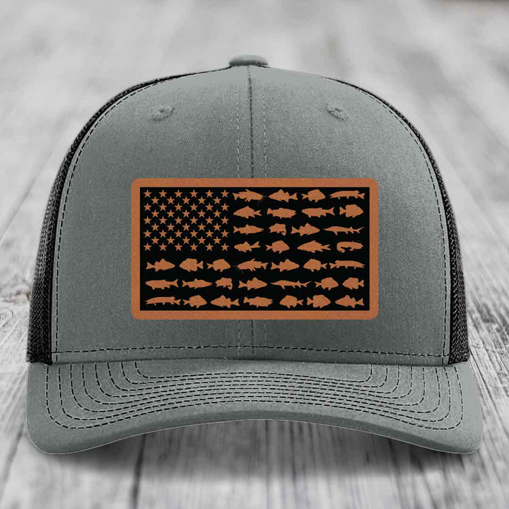 American Flag Freshwater Fish - Leather Patch Hat - Rawhide to Black Patch - Richardson 112 Snapback Trucker Hat