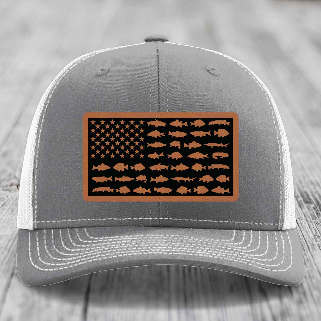 American Flag Freshwater Fish - Leather Patch Hat - Rawhide to Black Patch - Richardson 112 Snapback Trucker Hat