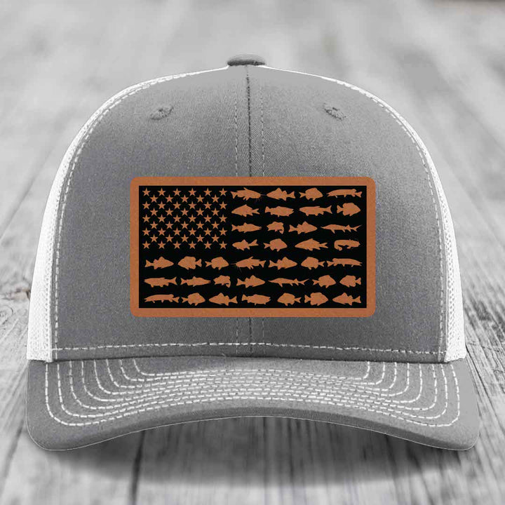 American Flag Freshwater Fish - Leather Patch Hat - Rawhide to Black Patch - Richardson 112 Snapback Trucker Hat
