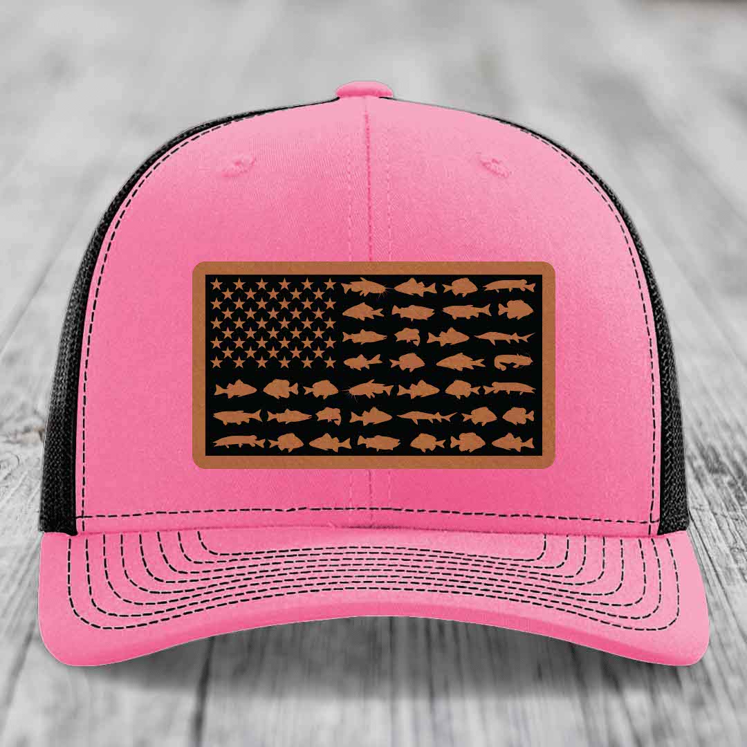 American Flag Freshwater Fish - Leather Patch Hat - Rawhide to Black Patch - Richardson 112 Snapback Trucker Hat